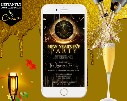 Golden Cyber Clock New Year's Eve Party Evite displayed on a smartphone screen next to a glass of champagne.