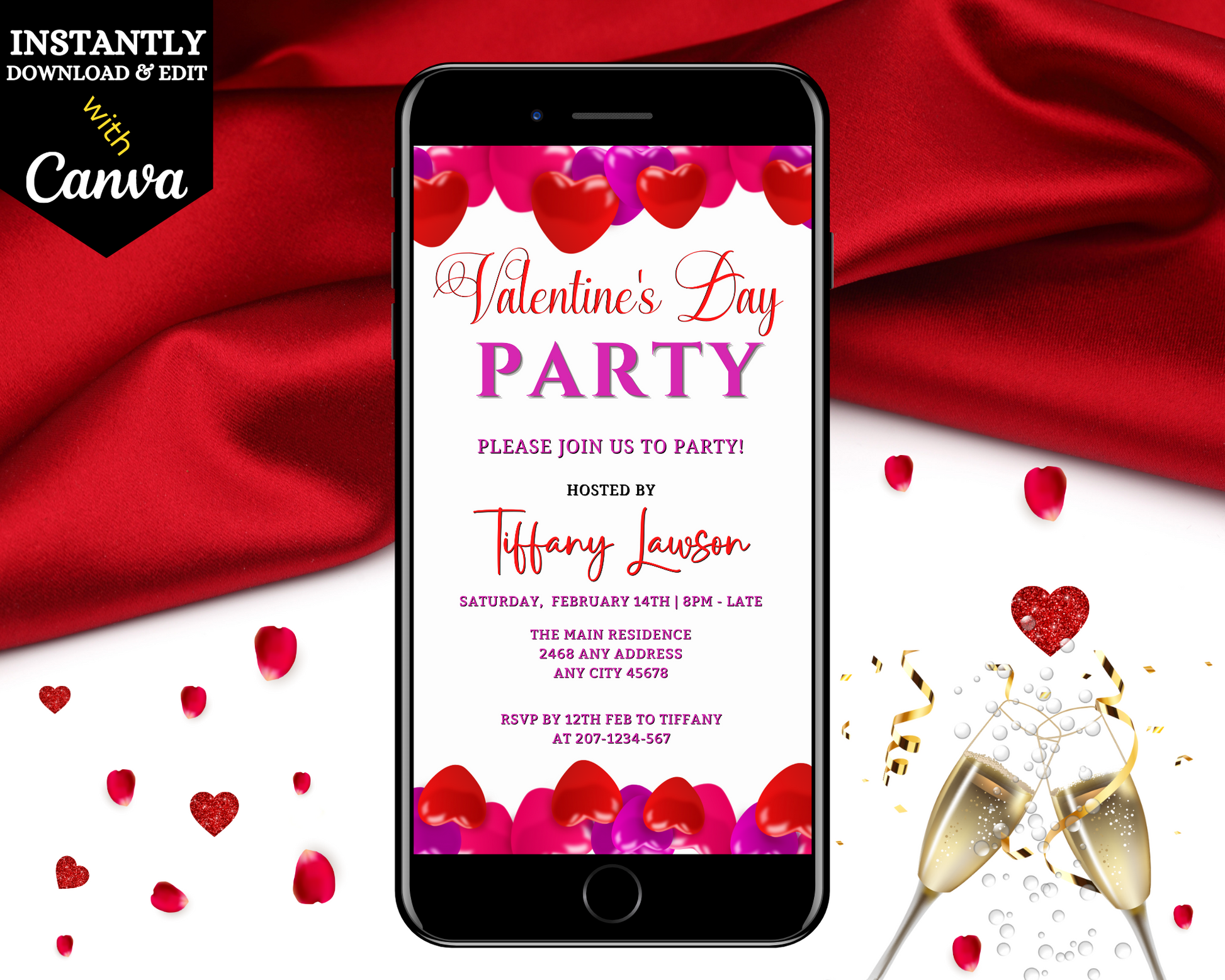 Smartphone displaying a customizable Pink Red Hearts Valentines Party Evite template, surrounded by red cloth and confetti.