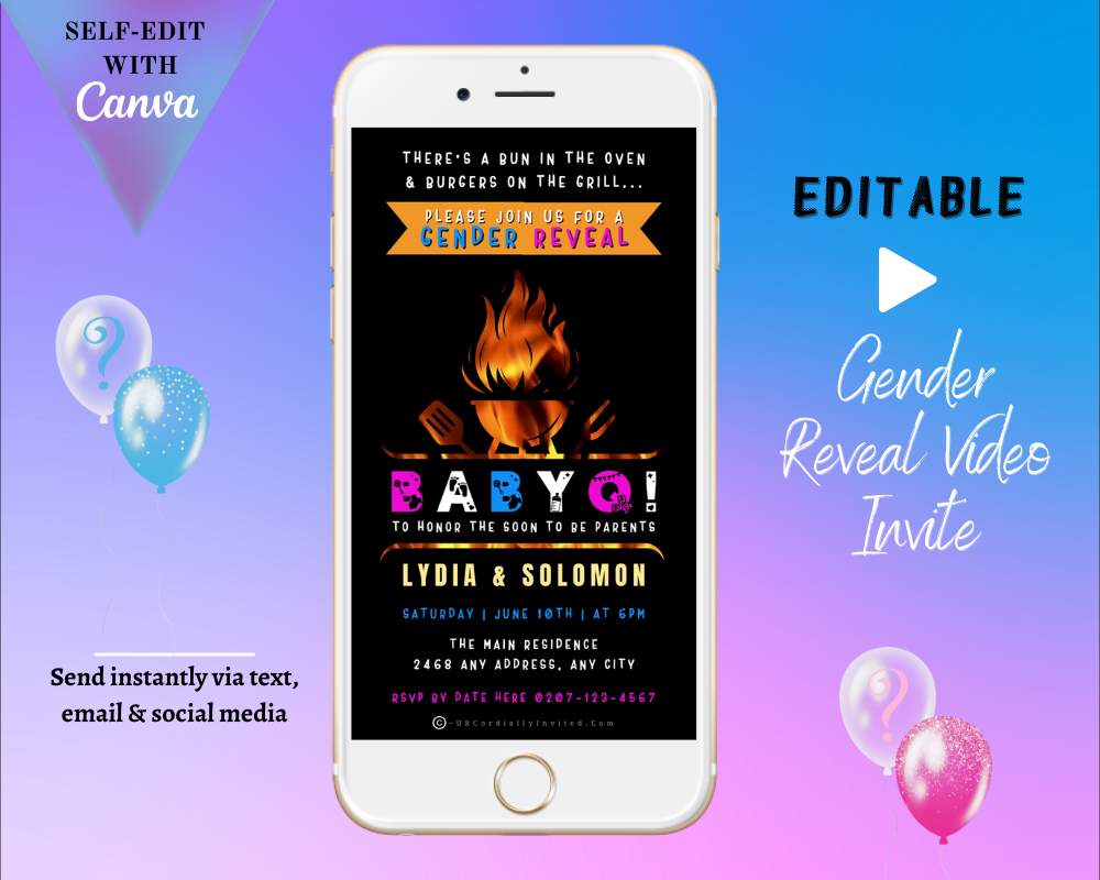 White smartphone displaying an Animated BABYQ Flaming Grill Digital Gender Reveal Invite template, customizable via Canva for easy personalization and electronic sharing.