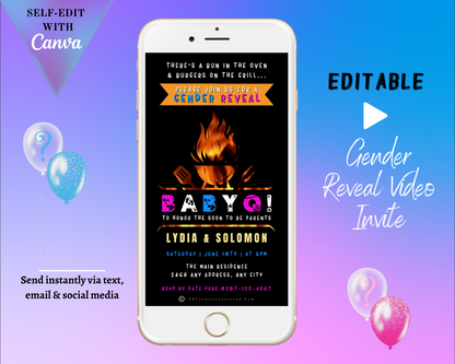 White smartphone displaying an Animated BABYQ Flaming Grill Digital Gender Reveal Invite template, customizable via Canva for easy personalization and electronic sharing.