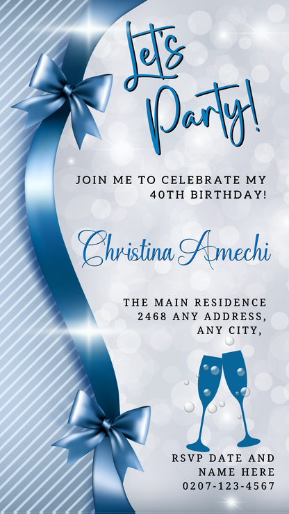 Blue Silver Bow Sparkle Editable Birthday Evite showing a blue ribbon, bow, and glasses, customizable via Canva for digital invitations.