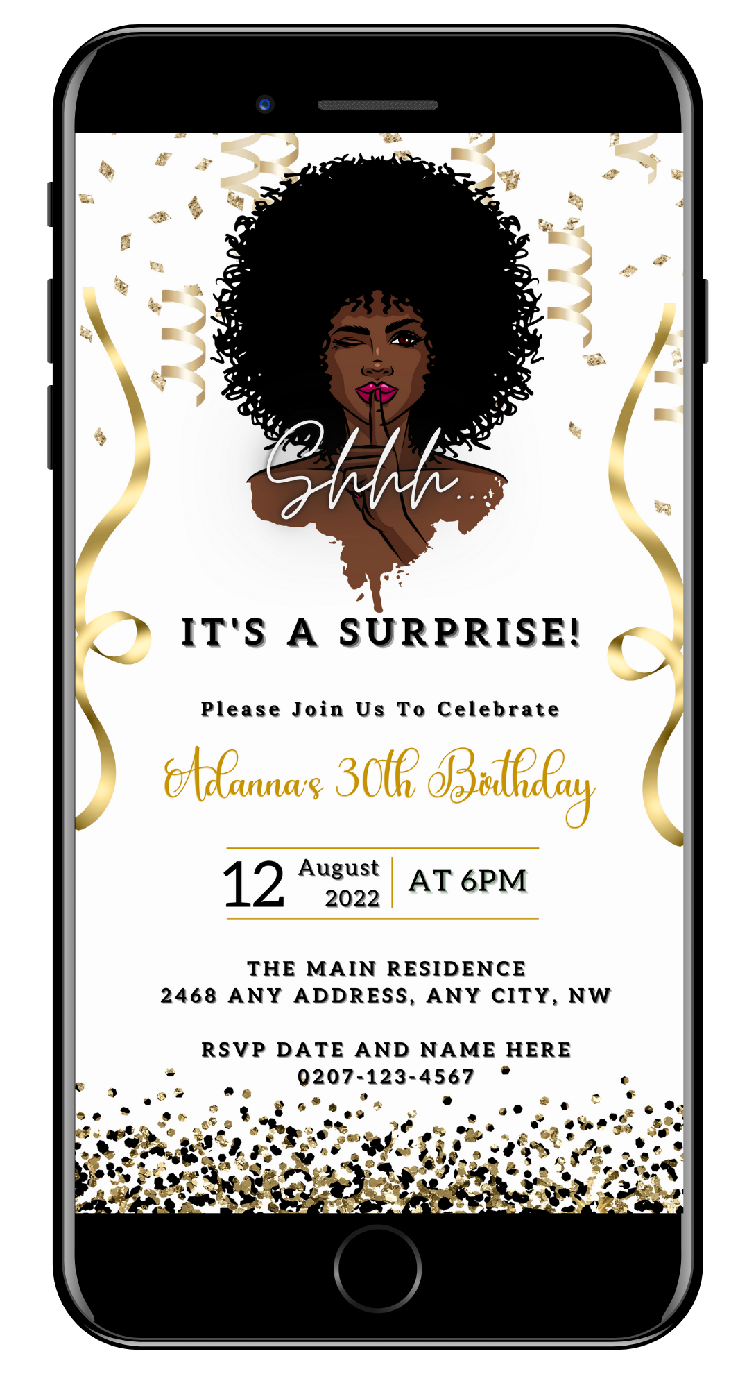 Cell phone screen displaying an Afro Girl Magic Surprise | Editable Party Evite, featuring a woman with curly hair and customizable text for event details.