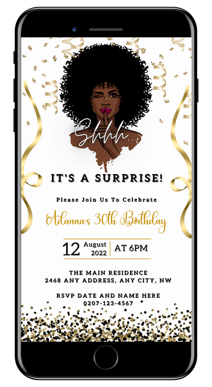 Cell phone screen displaying an Afro Girl Magic Surprise | Editable Party Evite, featuring a woman with curly hair and customizable text for event details.