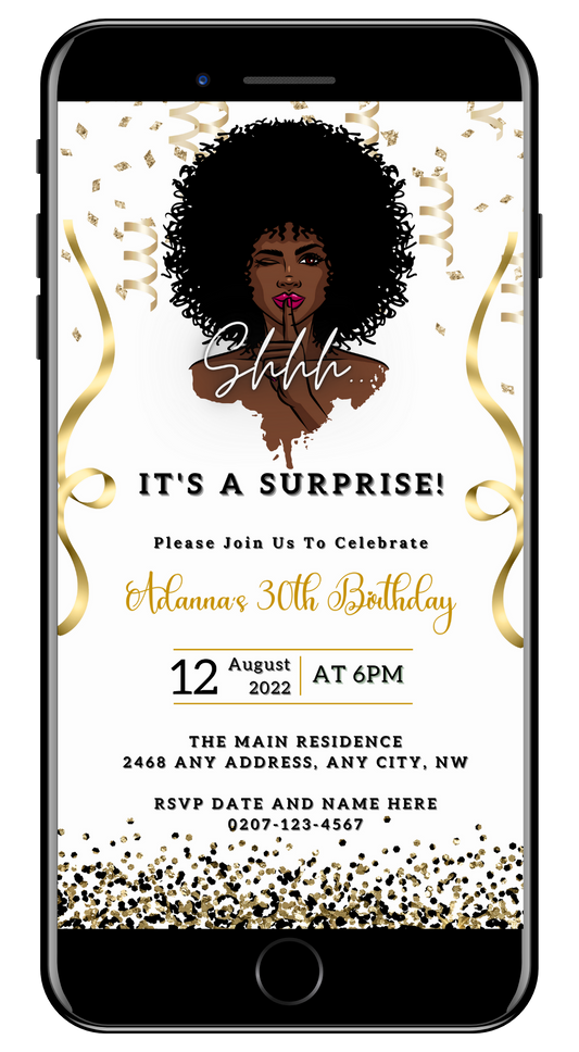 Cell phone screen displaying an Afro Girl Magic Surprise | Editable Party Evite, featuring a woman with curly hair and customizable text for event details.