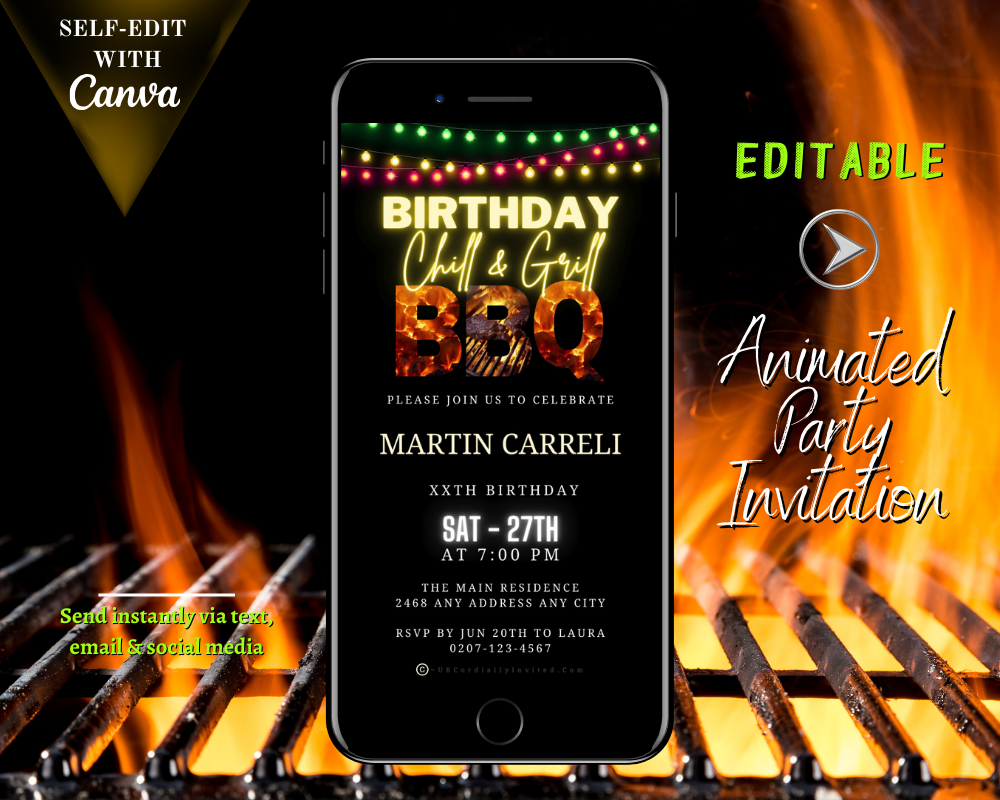 Customizable Animated BBQ Flaming Grill Birthday Digital Video Party Invite displayed on a smartphone screen with lit-up string lights.