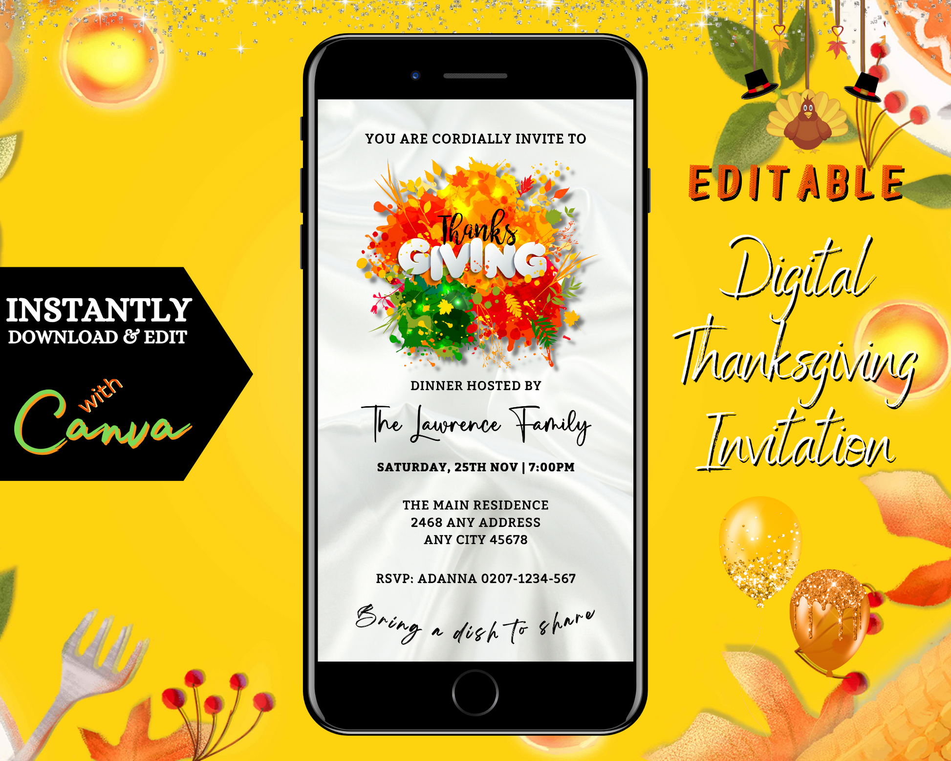 Cell phone displaying a customizable Thanksgiving Dinner Evite template with a colorful splash of paint on the screen.