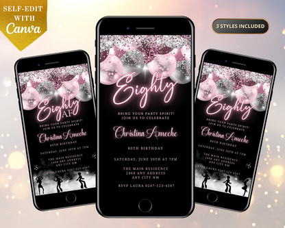 Customizable digital birthday invitation with mauve pink and silver neon design displayed on smartphones, ready for personalization and electronic sharing via various messaging apps.