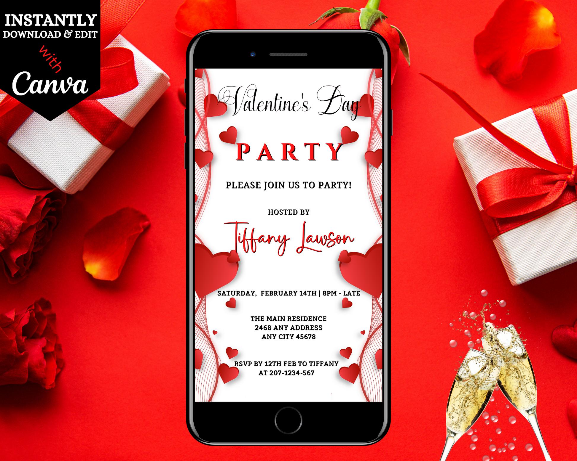 Cell phone displaying customizable digital Valentine's party invitation template with white and red border hearts, alongside a gift box with red ribbon.