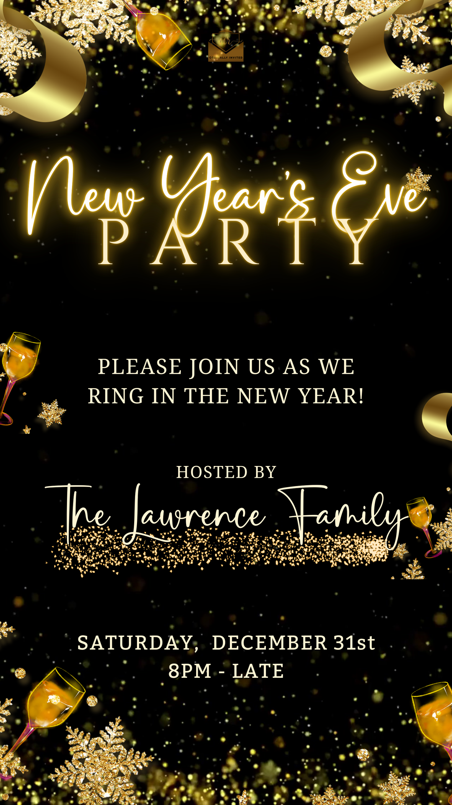 Champagne Theme Glitter New Year’s Eve Animated Party Invitation featuring gold accents, champagne glasses, and festive text, perfect for customisation and electronic sharing.