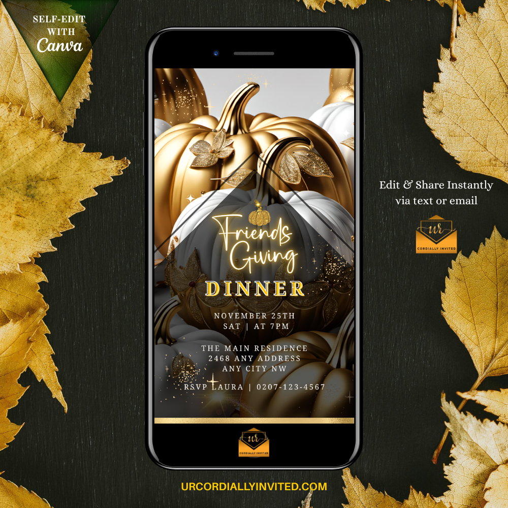 Animated Friendsgiving dinner invitation with a gold pumpkin on a dark stylish background, elegant and festive design.