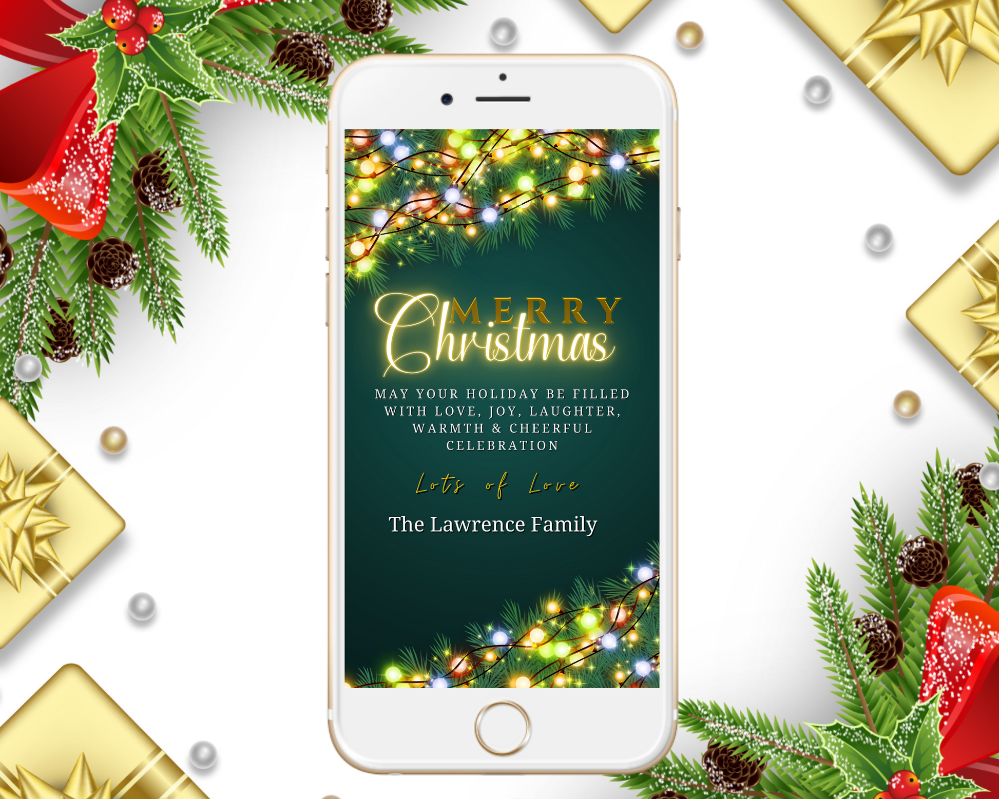 Cell phone displaying a customizable Colourful Lights Neon Gold Green | Merry Christmas Ecard on a festive green background, ready for personalization via Canva.