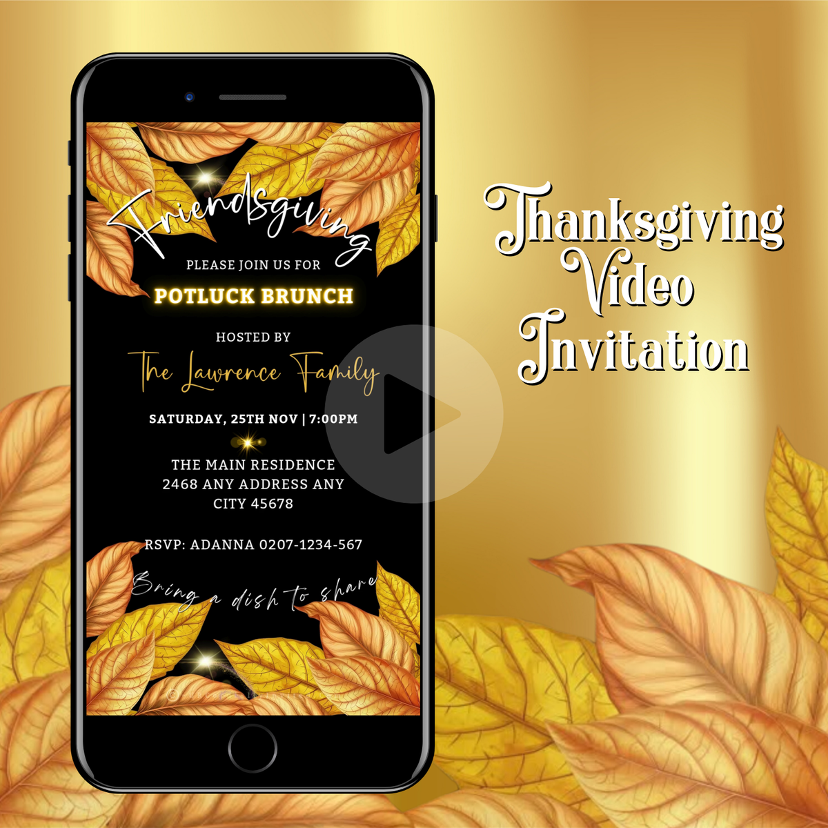 A phone displays a Friendsgiving brunch invite with gold leaves on a radiant golden background.