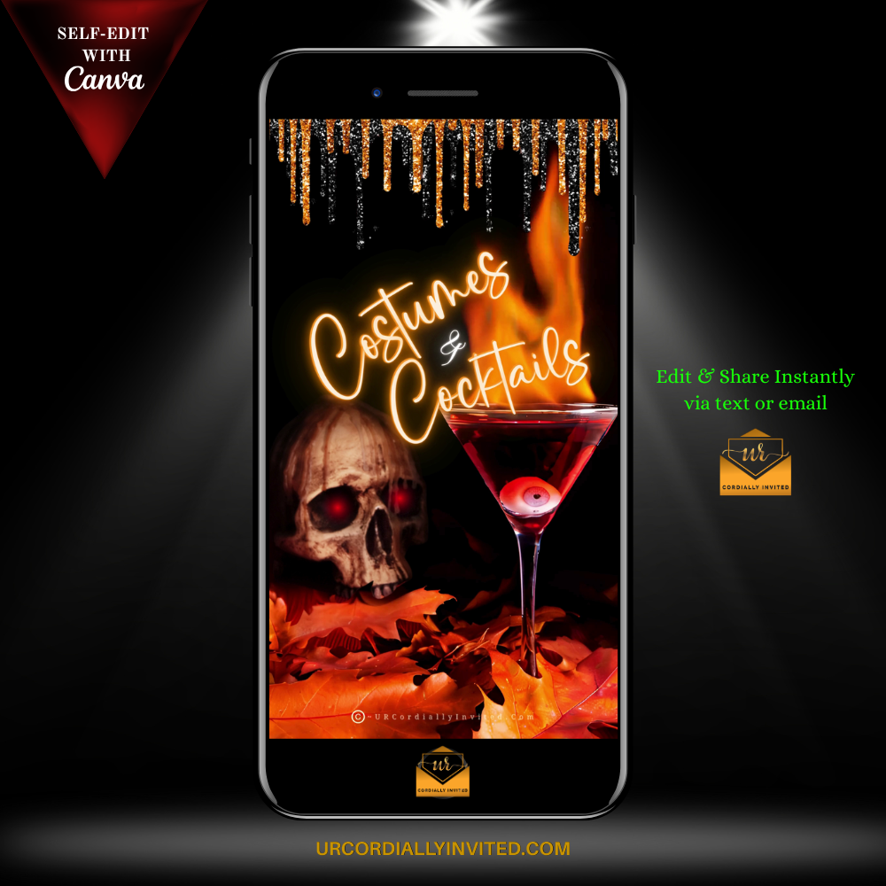 A smartphone shows a Halloween video invitation for a costumes and cocktails party with bold orange and black design.