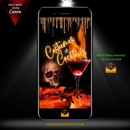 A smartphone shows a Halloween video invitation for a costumes and cocktails party with bold orange and black design.