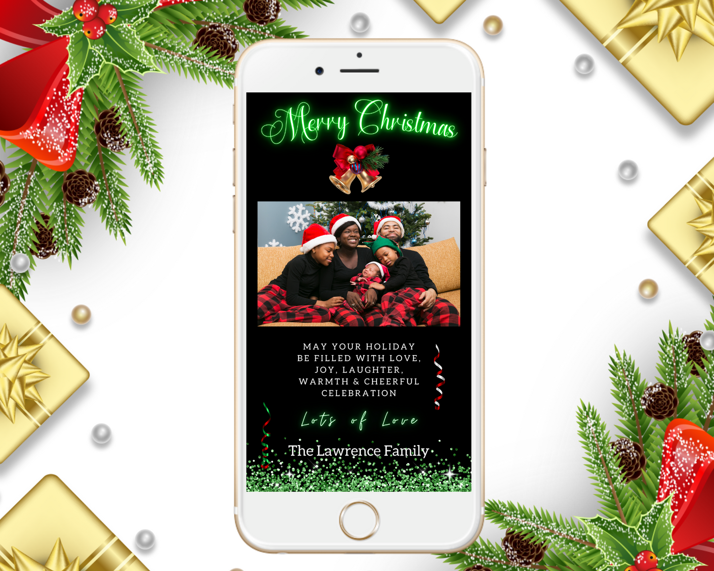 Smartphone displaying a customizable Merry Christmas ecard with a family photo, designed for easy personalization and electronic sharing via Canva.