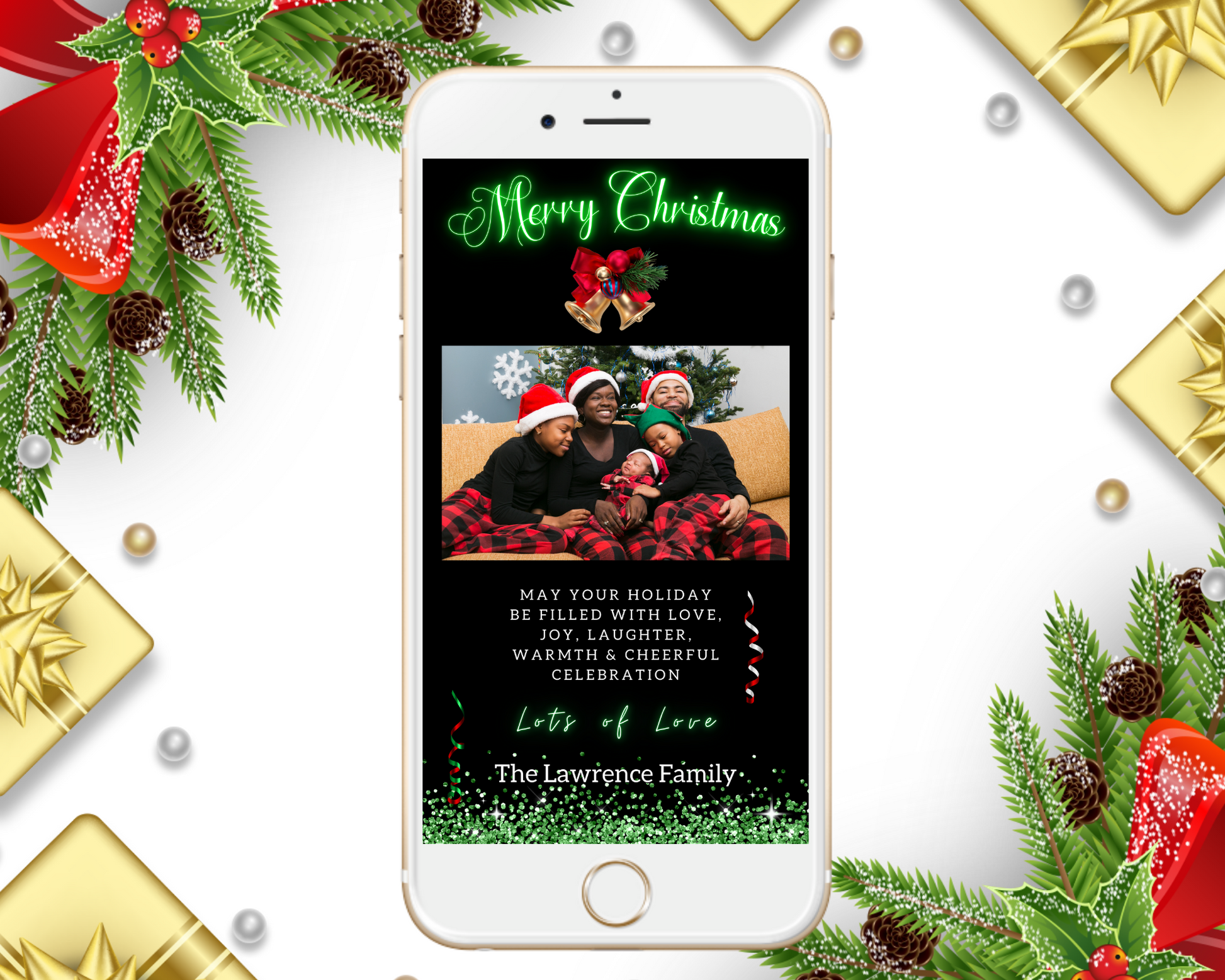 Smartphone displaying a customizable Merry Christmas ecard with a family photo, designed for easy personalization and electronic sharing via Canva.