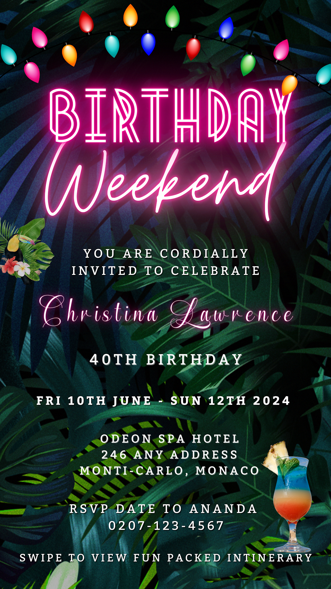 Tropical Destination Neon Pink Weekend Party Evite featuring neon lights and tropical leaves. Customizable digital invitation template for smartphones, editable via Canva.