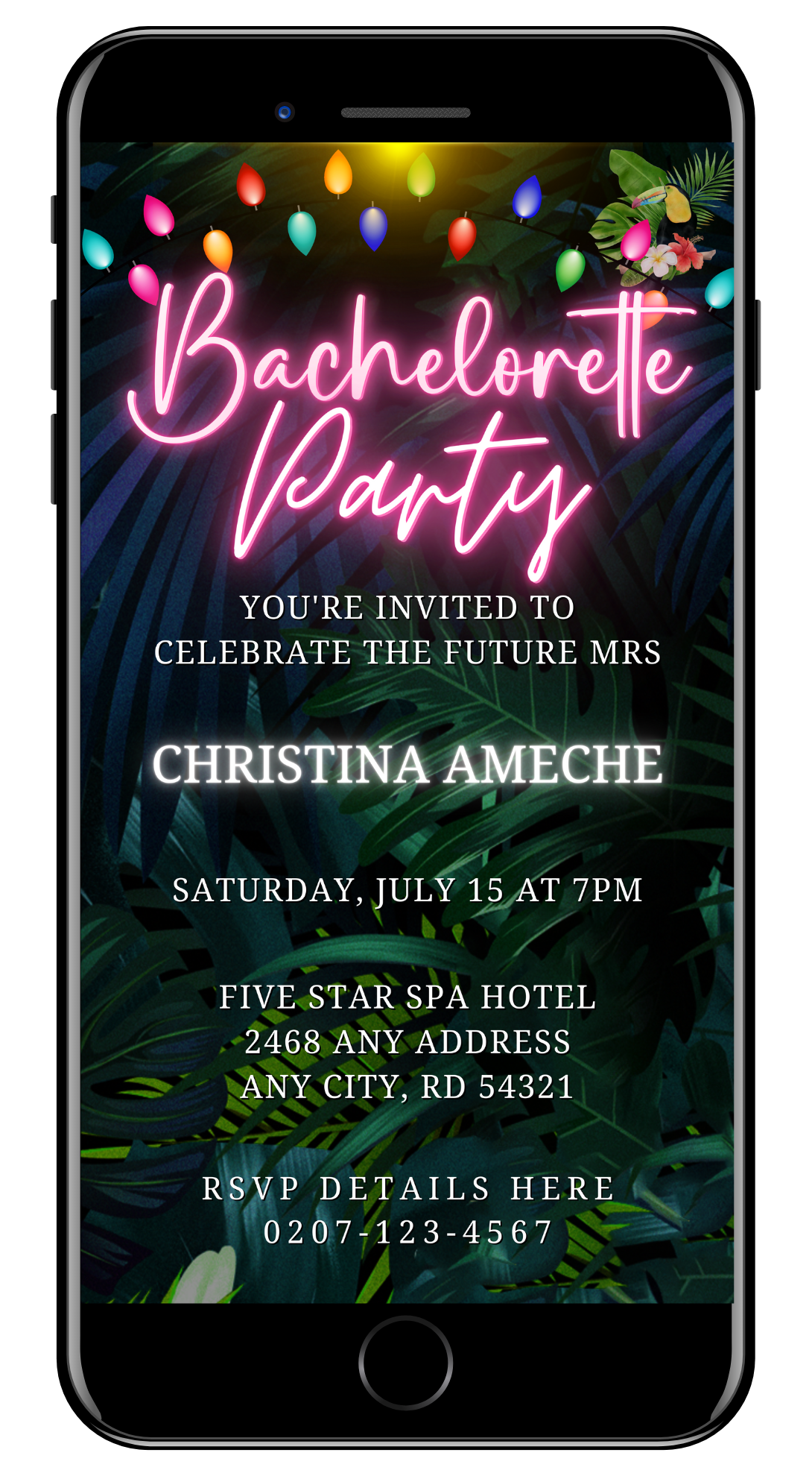 Customizable digital neon pink bachelorette party evite displayed on a smartphone screen with a tropical theme, featuring editable text and decorative elements.