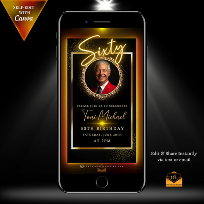 60th Birthday Video Invitation featuring a man's photo in a gold oval frame on a cell phone screen, part of a customizable animated invite.