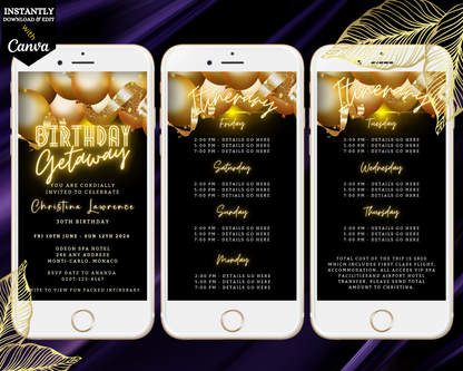 Black Neon Gold Balloons 7 Day Getaway Birthday Evite displayed on a smartphone screen. Customizable digital invitation template for events, editable via Canva.