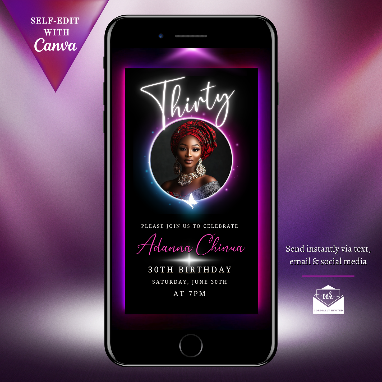 30th Birthday Video Invitation - Pink & Purple Oval Photo Frame Animated Invite displayed on a smartphone screen, featuring a customizable digital invite for milestone celebrations.