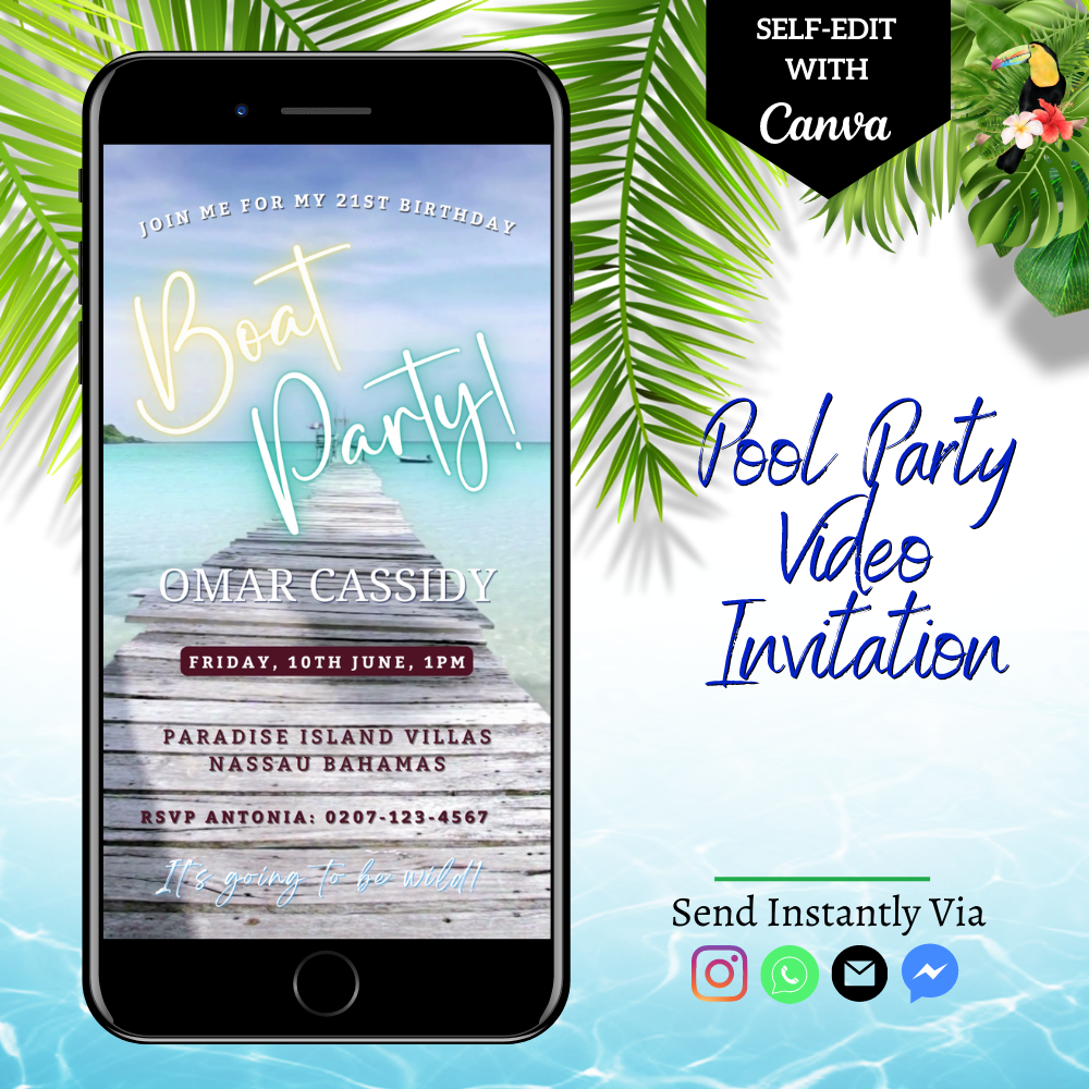 Customizable digital Beach Boat Party Video Invitation displayed on a smartphone screen, showcasing a personalized event template editable via Canva.