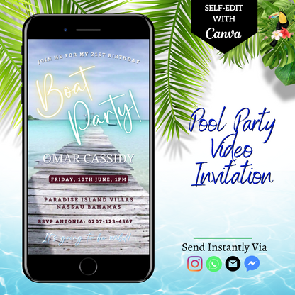 Customizable digital Beach Boat Party Video Invitation displayed on a smartphone screen, showcasing a personalized event template editable via Canva.