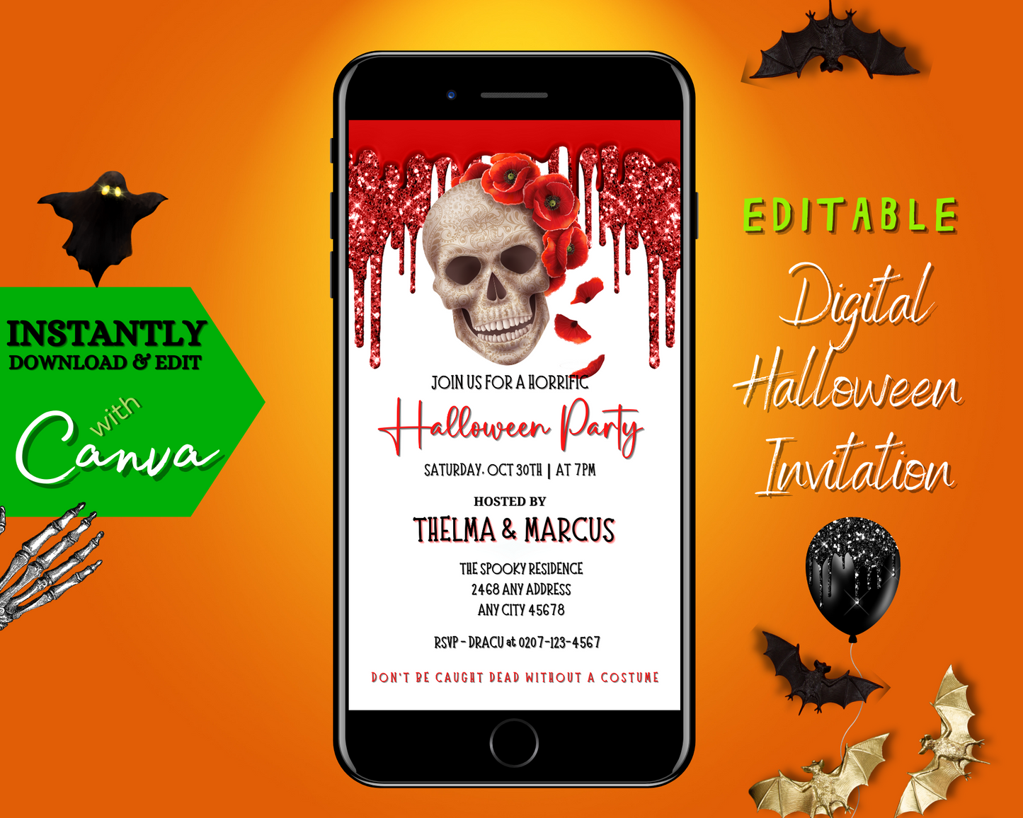 Dripping Red Fancy Rosey Skull | Halloween Evite: Digital invitation template featuring a skull with red flowers and drippings, editable via Canva for personalized messaging.