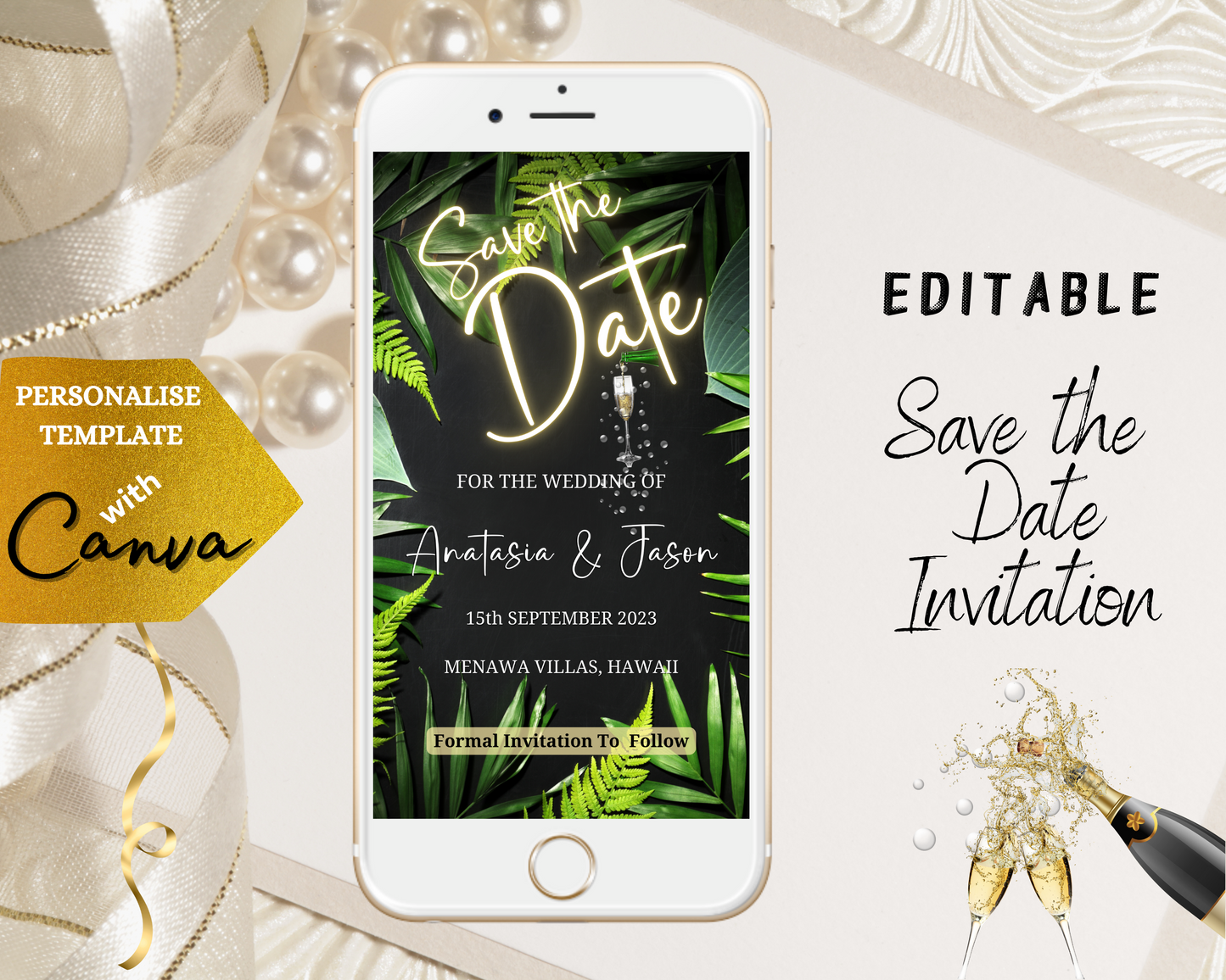 Neon Tropical Destination Save The Date Wedding Evite displayed on a smartphone screen, customizable via Canva for easy digital sharing.