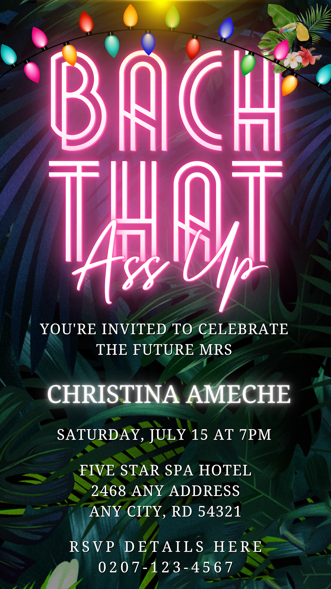 Tropical Neon Pink | Bach That Ass Up Weekend Evite featuring a customizable pink neon sign with tropical leaves, designed for digital invitations via Canva.