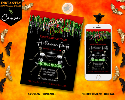 Cell phone displaying dancing skeletons, alongside a matching poster. Product: Funny Dancing Fancy Skeletons Costumes & Cocktails | Halloween Evite.