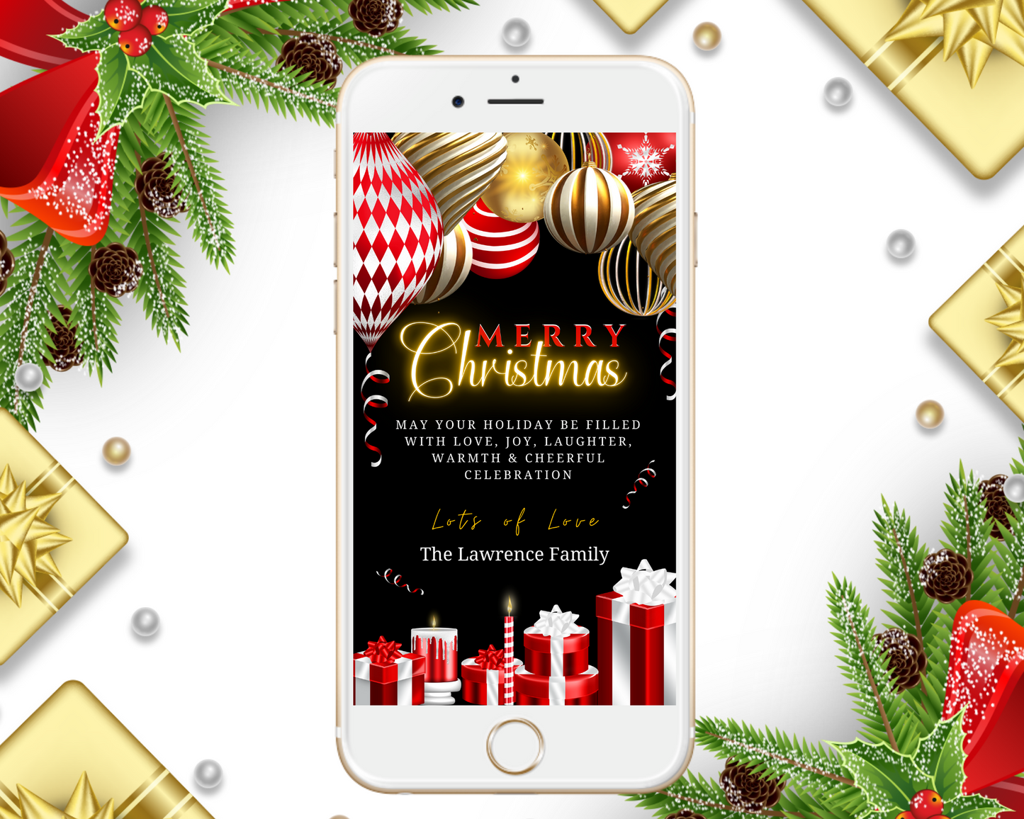 Gold Red Neon Presents Merry Christmas Greeting Ecard displayed on a smartphone with festive decorations including pinecones and gift boxes.