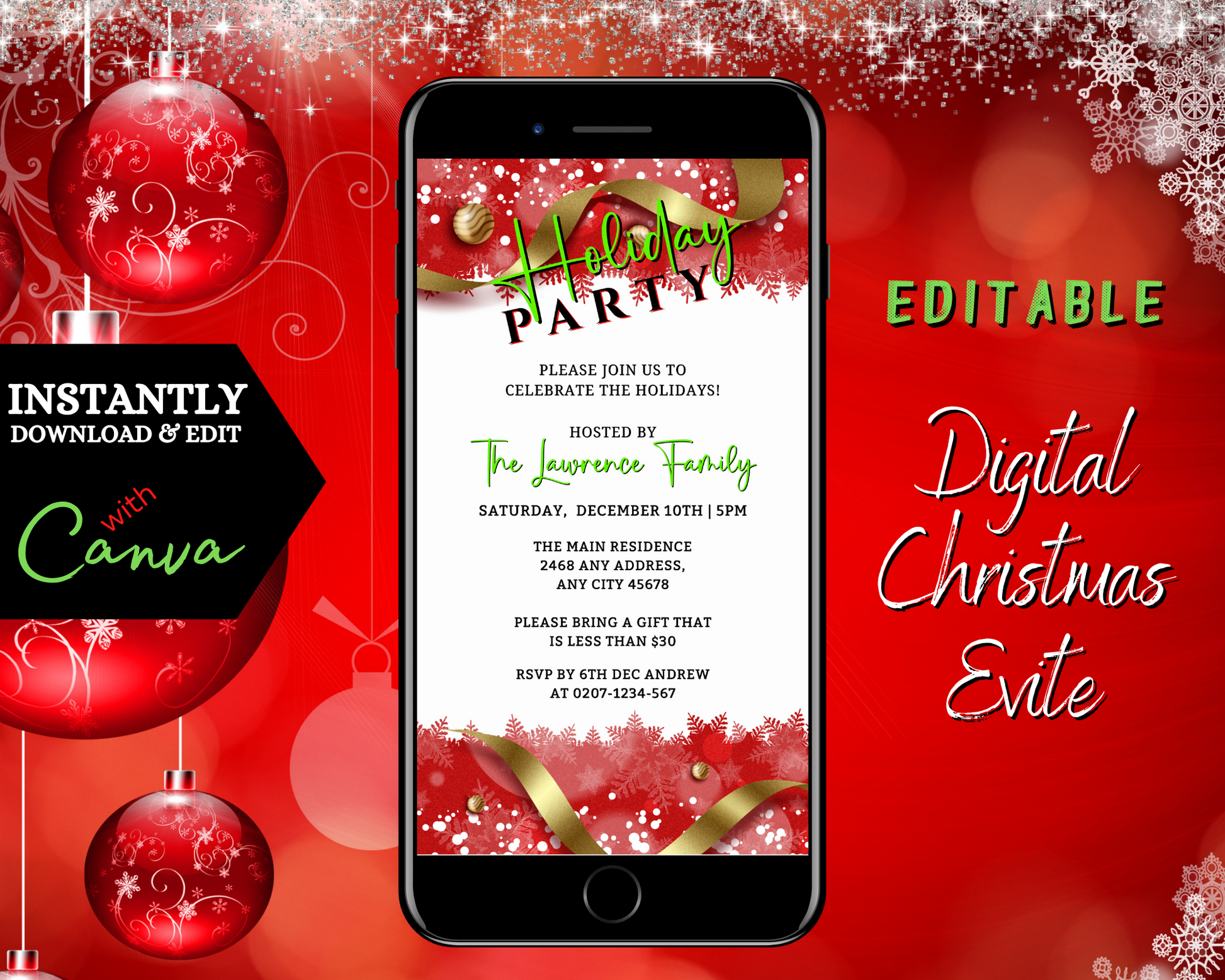 Cell phone displaying a customizable Red White Gold Ornament Holiday Party Evite template, surrounded by festive decorations.