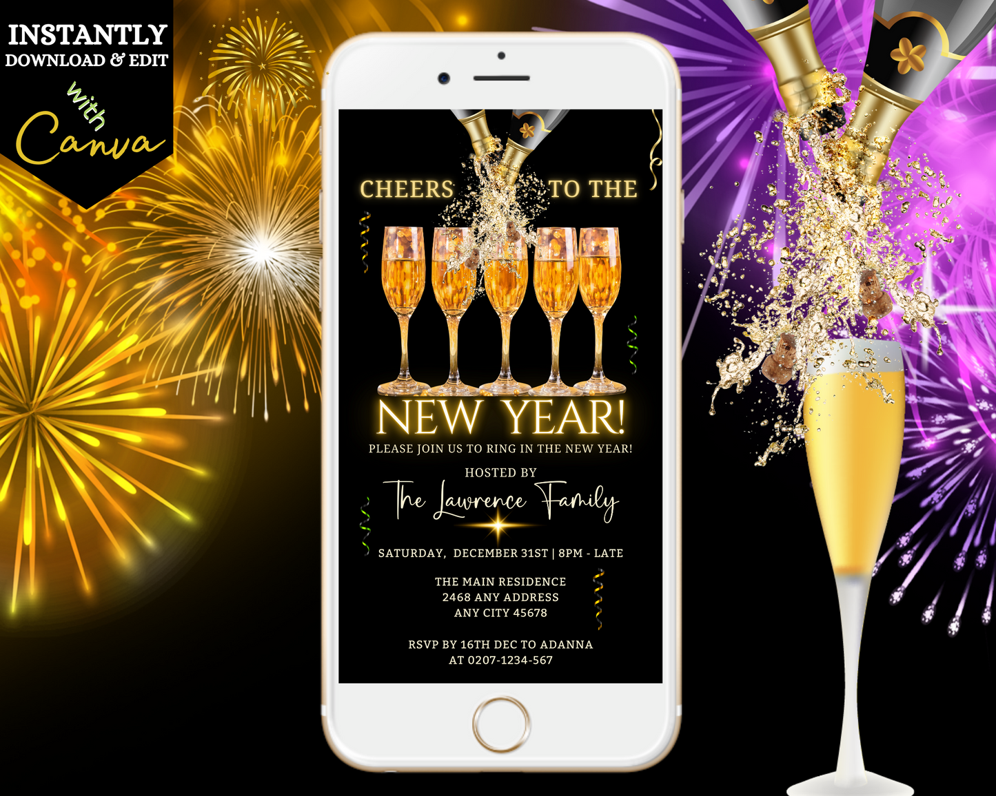Splashing Champagne Neon Cheers NY Party Evite showing a smartphone screen with fireworks and champagne glasses, customizable via Canva for digital invitations.