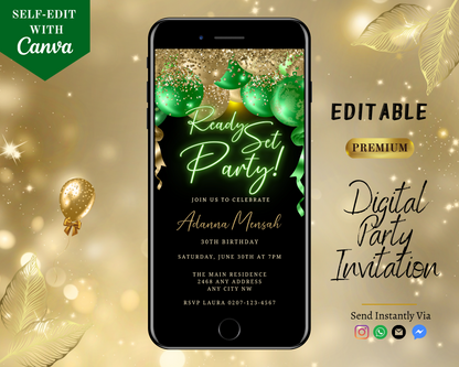 Customizable digital invitation with gold and green neon balloons displayed on a smartphone screen for birthday parties.