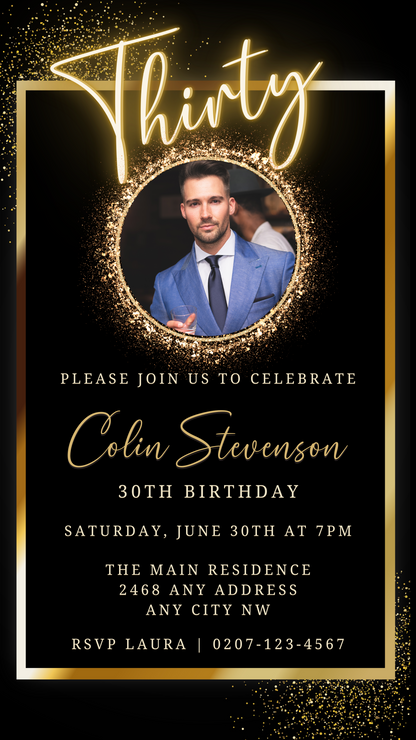 Man in a blue suit and tie holding a glass, featured in the customizable Black Gold Neon 30th Party Evite from URCordiallyInvited.
