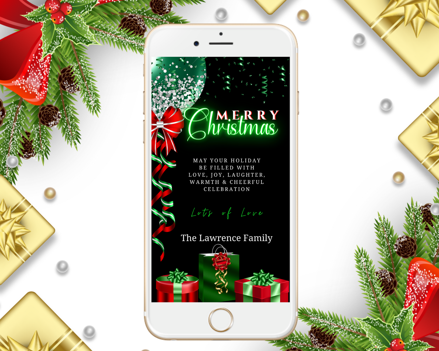 Cell phone displaying a customizable digital Christmas e-card template with green neon presents and red-green balloons.