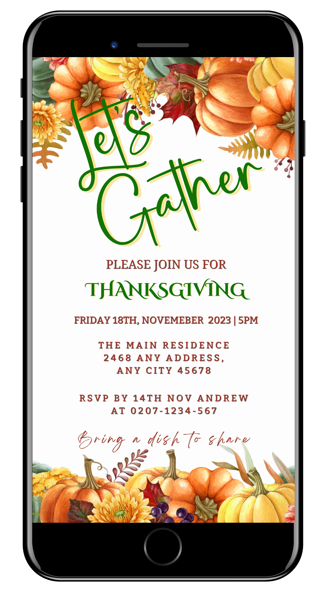 Cell phone displaying Colourful Pumpkins Let's Gather Thanksgiving evite with green and orange floral design, editable via Canva for digital sharing.