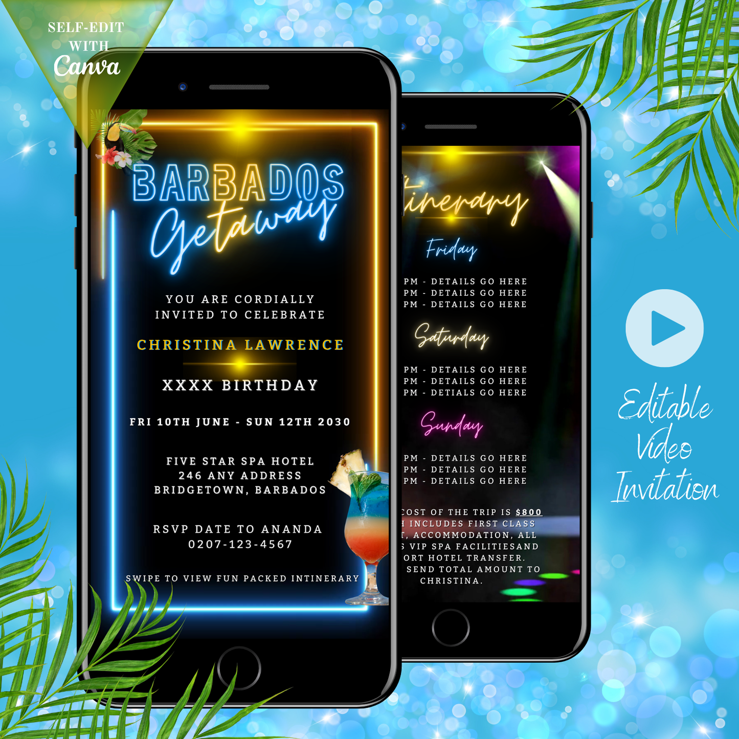 Barbados Getaway Video Invitation featuring animated neon accents and tropical themes, displayed on smartphones for customizable digital invites via Canva.