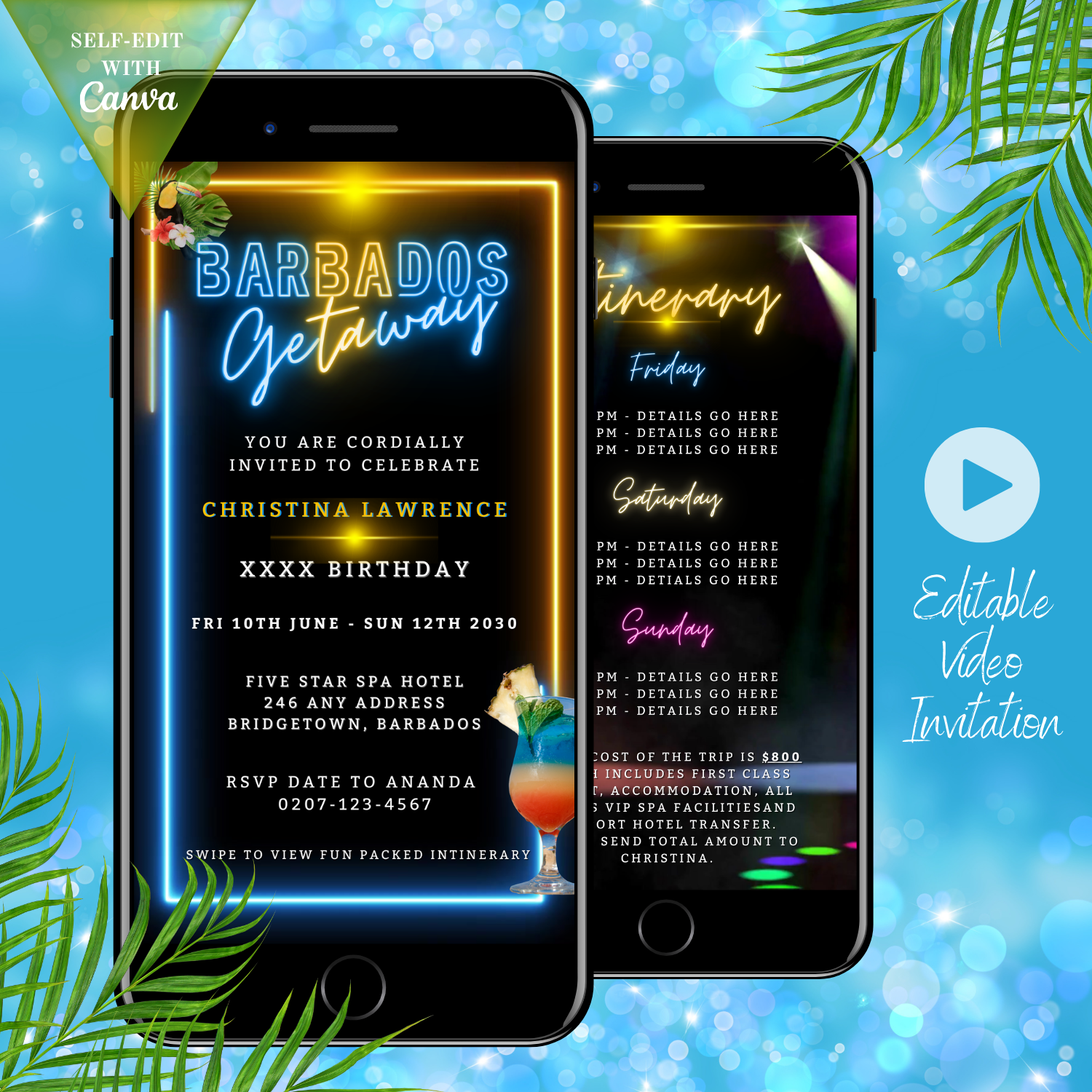 Barbados Getaway Video Invitation featuring animated neon accents and tropical themes, displayed on smartphones for customizable digital invites via Canva.