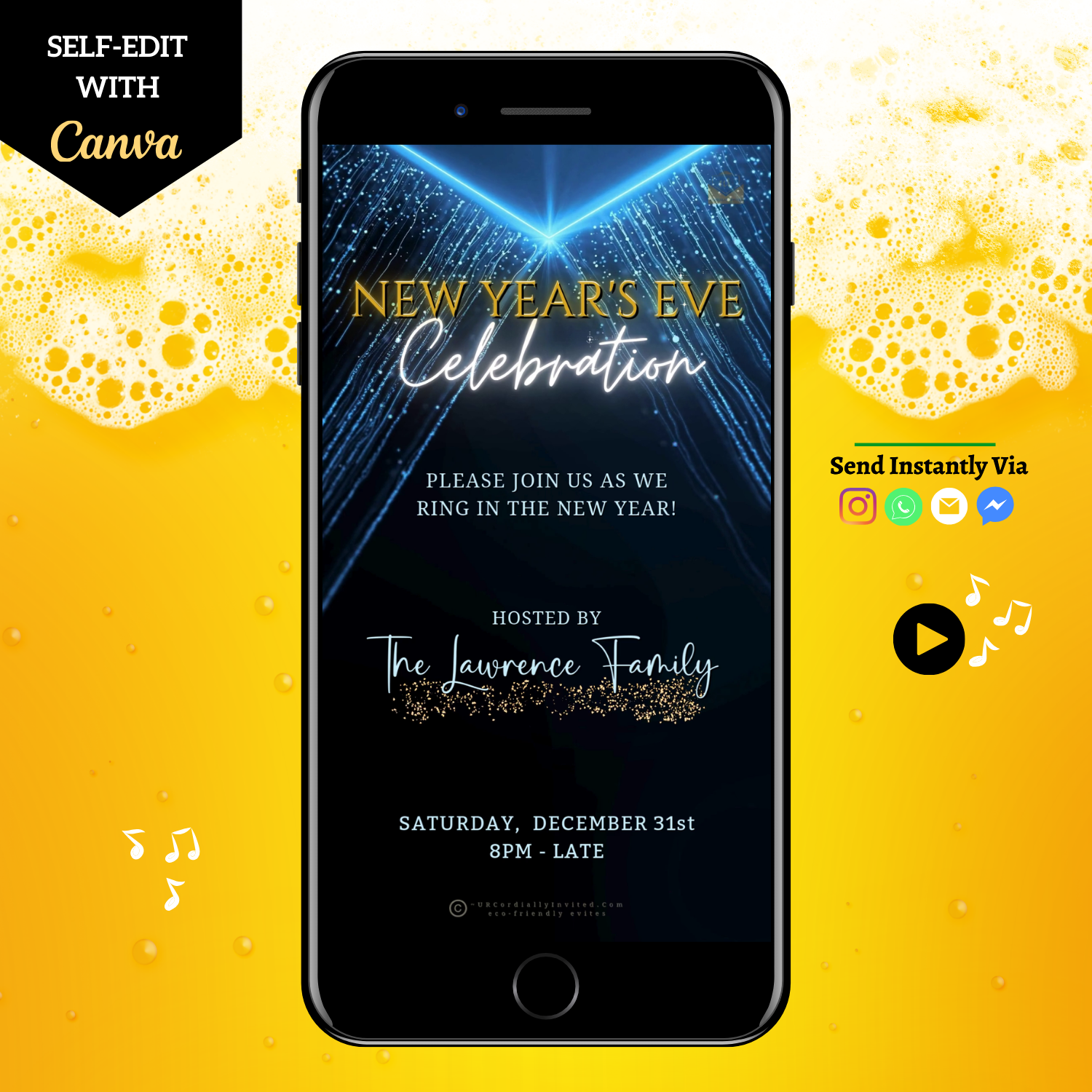 Dazzling Blue Gold New Year’s Eve Celebration Video Invitation displayed on a smartphone screen, showcasing festive animations and customisable party details.