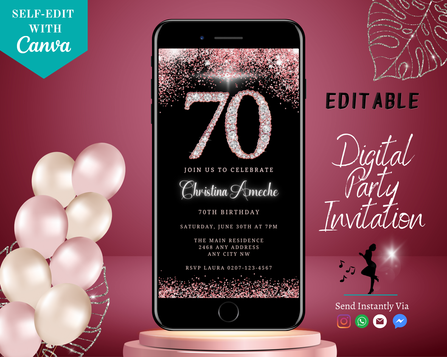 Cellphone displaying a customizable Rose Gold Diamond Glitter 70th Birthday Evite template on a pink background with balloons.