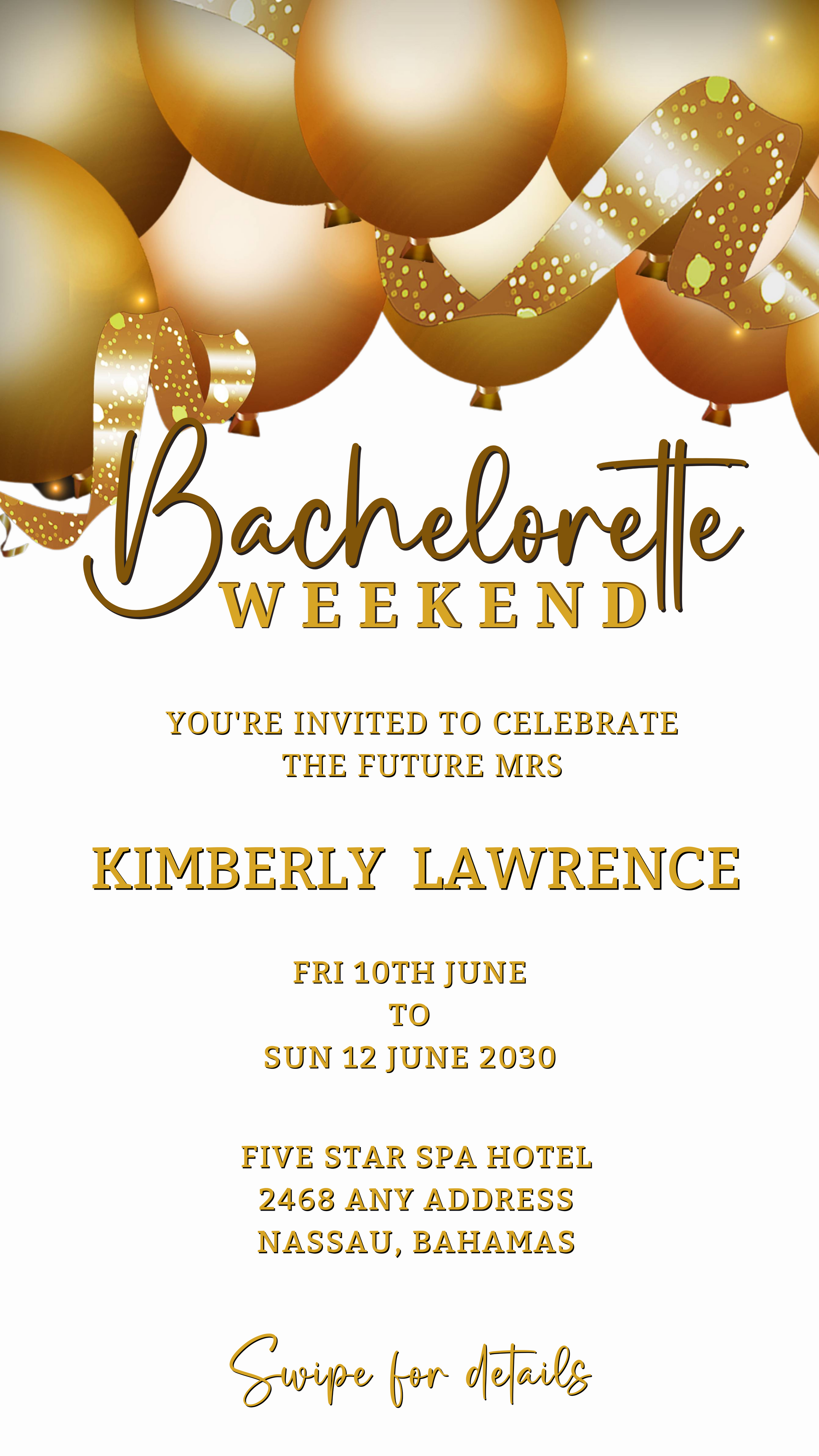 Gold Floating Balloons White | Bachelorette Weekend Evite template with customizable digital gold balloons on a white background, editable via Canva for smartphone sharing.