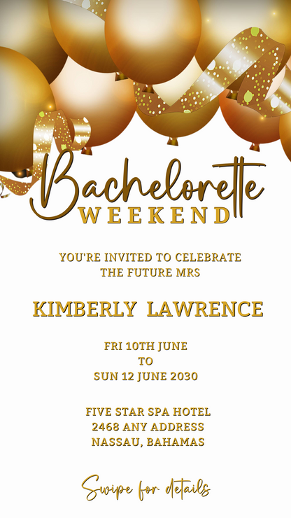 Gold Floating Balloons White | Bachelorette Weekend Evite template with customizable digital gold balloons on a white background, editable via Canva for smartphone sharing.