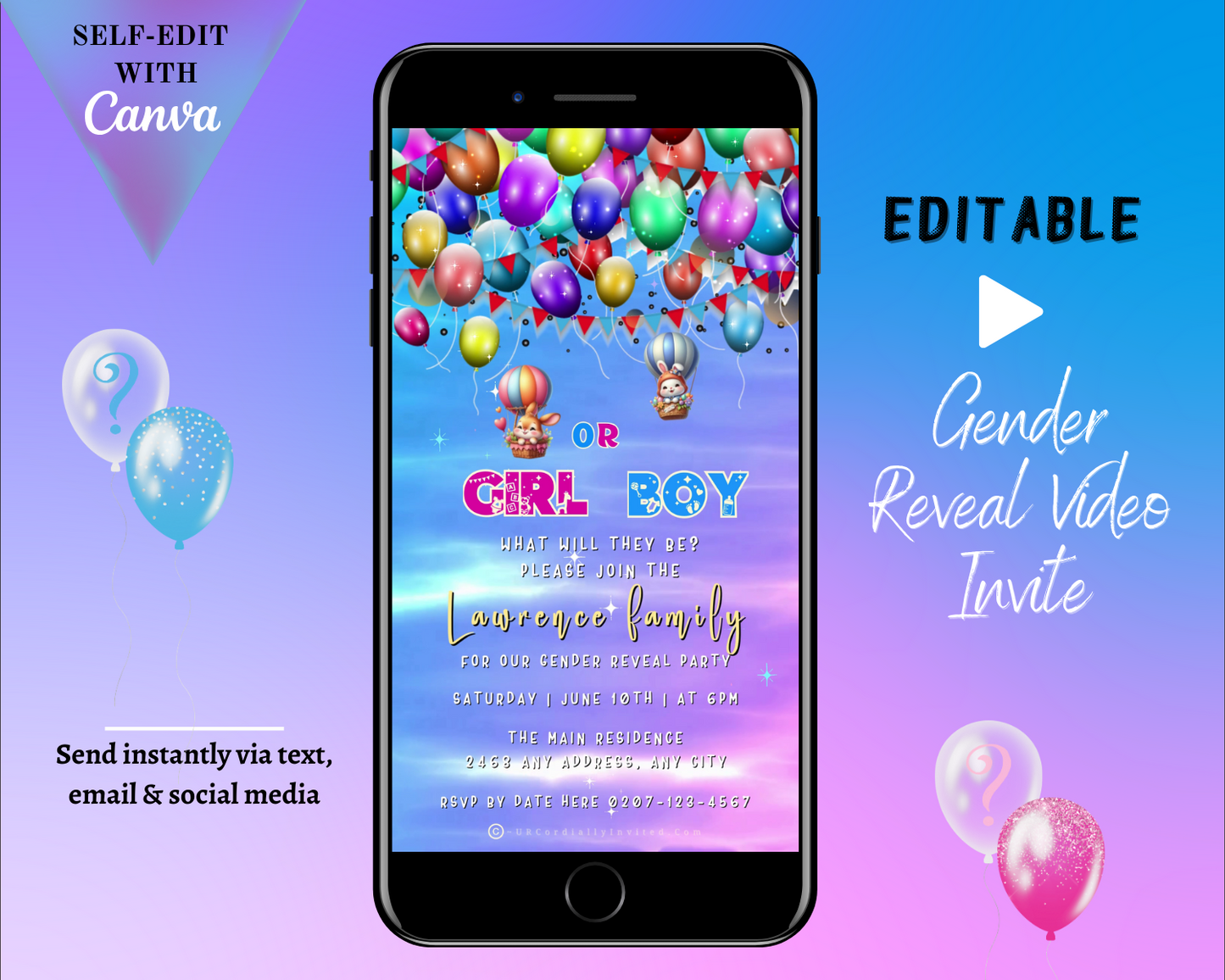 Customizable Easter Bunnies in Hot Air Balloons digital gender reveal video invite displayed on a smartphone screen, featuring balloon graphics.