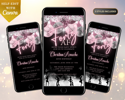 Group of customizable digital birthday invitation templates displayed on smartphones, featuring a Mauve Pink Silver Neon 40AF Birthday Evite for easy personalization and electronic sharing.