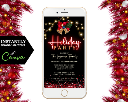 Gold Bell Red Neon Holiday Party Evite displayed on a white smartphone screen, featuring festive gold bells and editable text for customization.