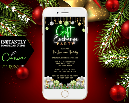 Cell phone displaying a customizable digital Green Neon Ornaments Christmas Party Evite template with holiday decorations.