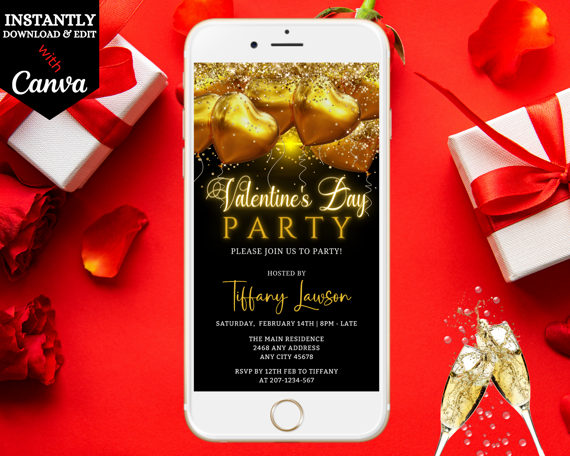 Neon Golden Heart Balloons | Valentines Party Evite displayed on a smartphone, featuring champagne glasses, a gift box, and gold balloons. Editable in Canva for digital invitations.