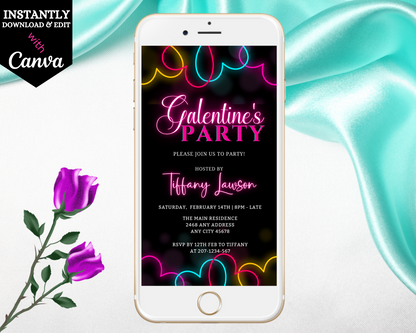 White smartphone displaying pink neon border invitation with purple flowers, customizable for Galantines Party via Canva. Editable text and design for electronic sharing.